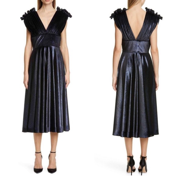 Christian Siriano Dresses & Skirts - Christian Siriano Velvet V Neck Dress Navy Ruffle